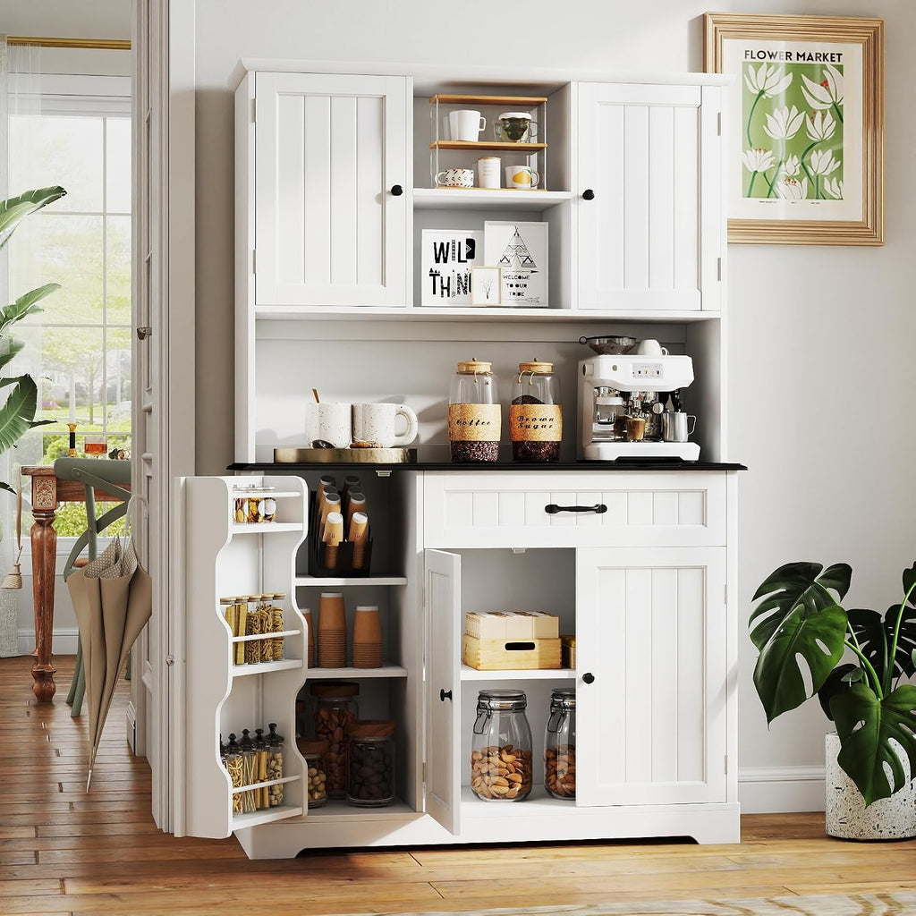 Tall Kitchen Storage Cabinet with Door and Shelves White and Black | Kitchen Pantry Cabinet with Storage 67" Large
