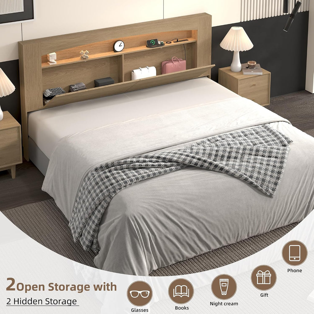 King Headboard Only Modern Sturdy Wooden Bed Backboard Wall Mounted Head Board, 3 Storage Zones, Unique Skirting