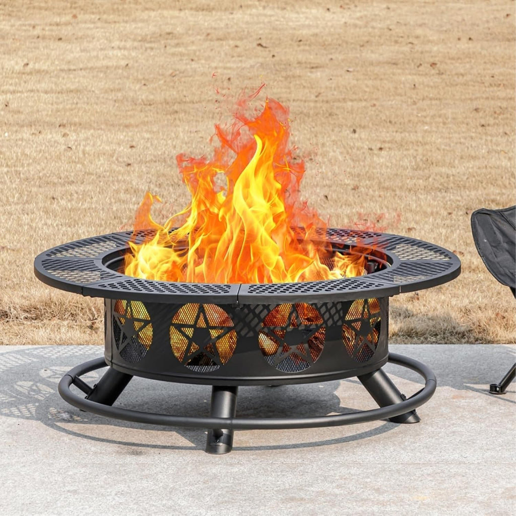 36 Inch Fire Pit with 2 Grills, Wood Burning Fire Pits for Outside with Lid & Poker