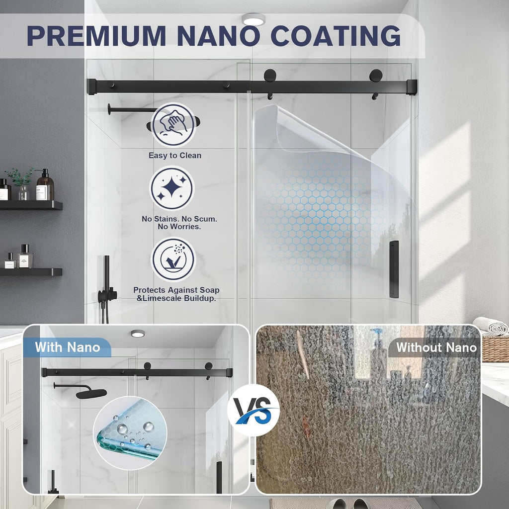 Frameless Shower Door, 55-60" W x 76" H Sliding Glass Shower Door