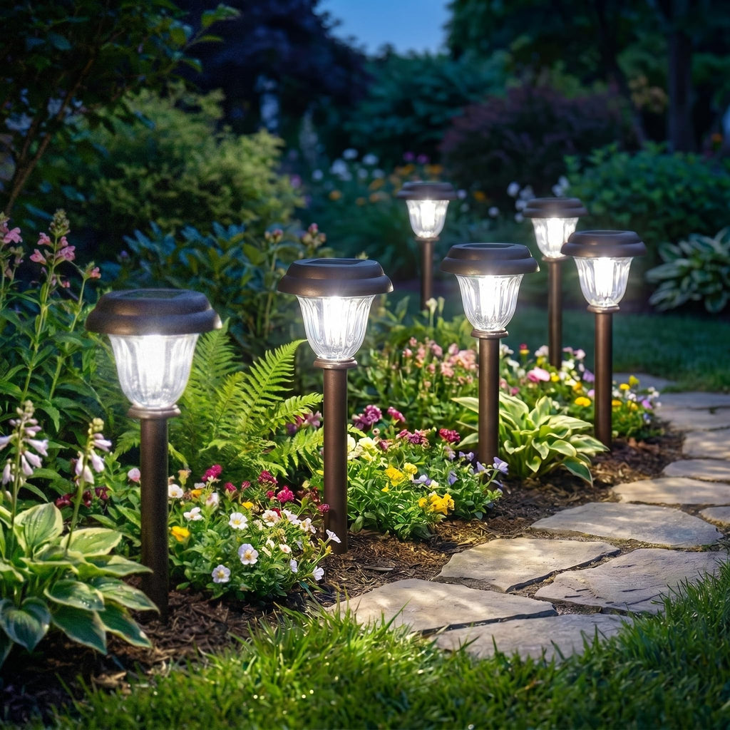 Solar Lights Outdoor, 6 Pack Brushed Stainless Steel Glass Solar Pathway Lights, Auto On/Off Long-Lasting Outdoor
