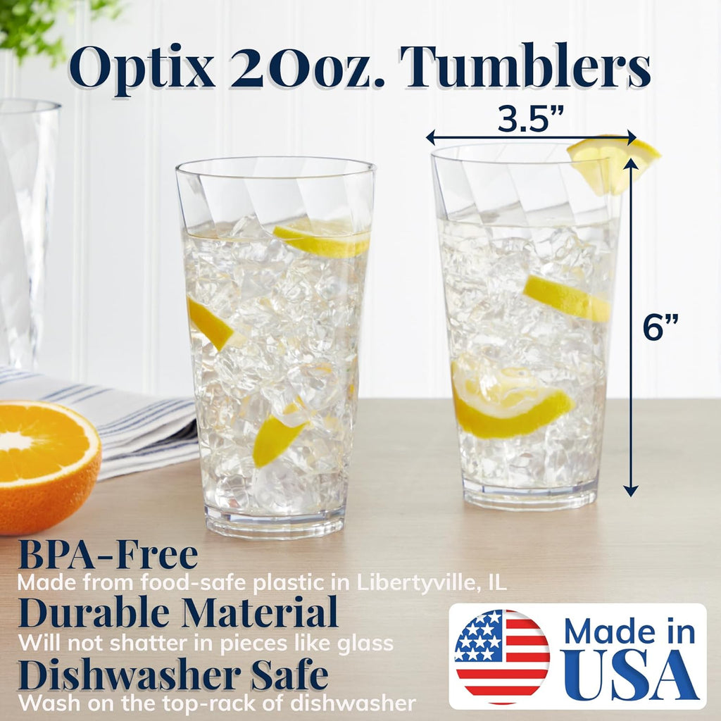 Optix Plastic Reusable Drinking Glasses (Set of 8) 20oz Water Cups in Clear | BPA-Free Tumblers, Made in USA |