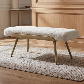 Modern Ottoman Bench, Upholstered Boucle Fabric Entryway Bench with Metal Legs, 35.5" Padded Bench Living Room, Beige