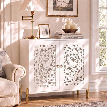Accent Cabinet with Doors, Hollow-Carved Pattern Buffet Cabinet with Storage, Freestanding Sideboard Cabinet Dining