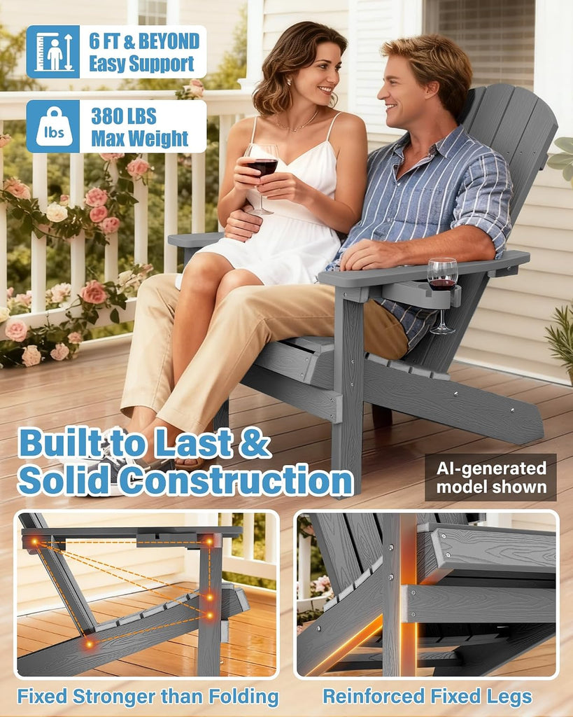 Adirondack Chairs Set of 2 with Cup Holder, Weather Resistant, Grey | HIPS Plastic Outdoor Fire Pit Chairs with Wood