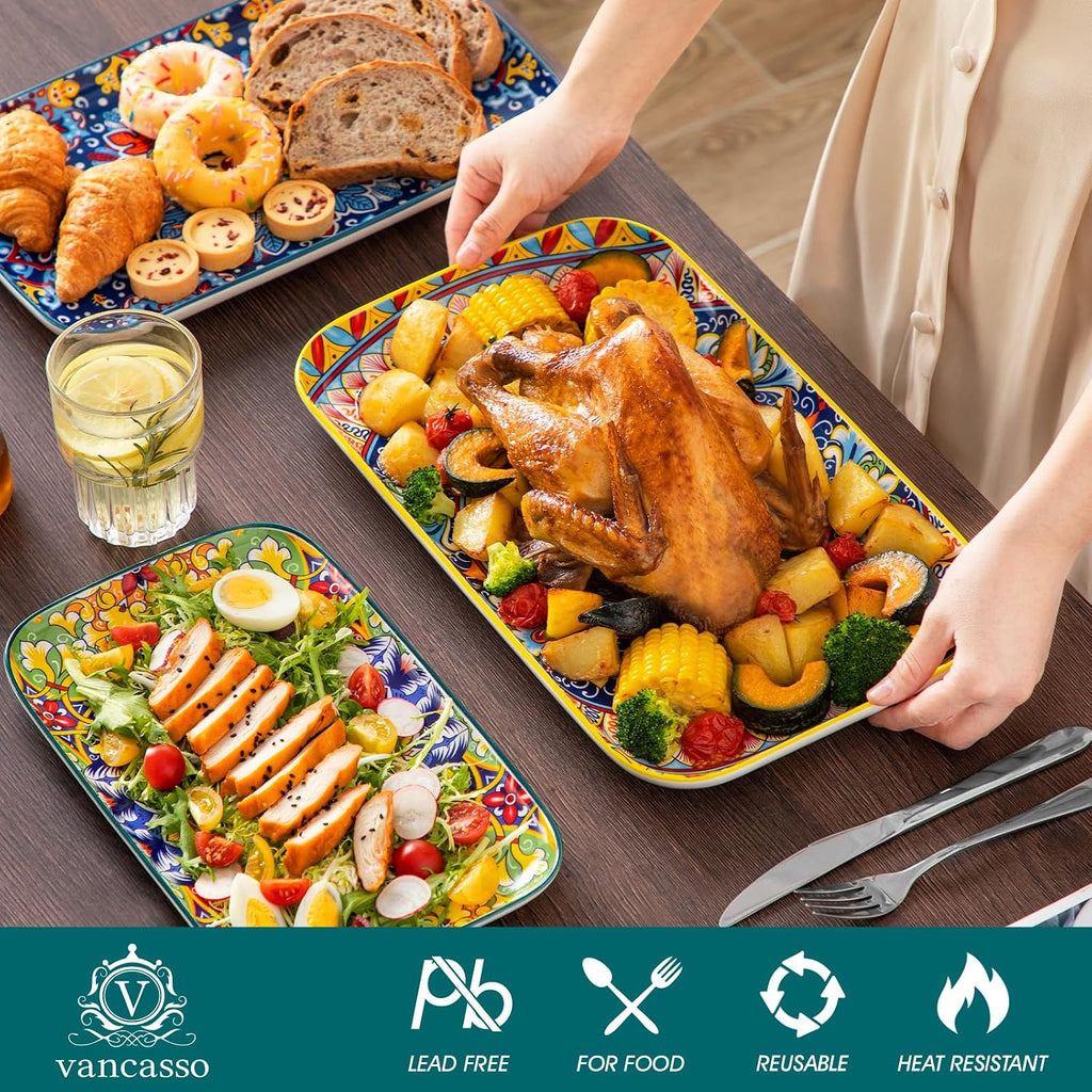 Serving Platters Set of 3, 16"/14"/12" In Rectangular Trays Retro | Ceramic Serving Dish for Entertaining Food
