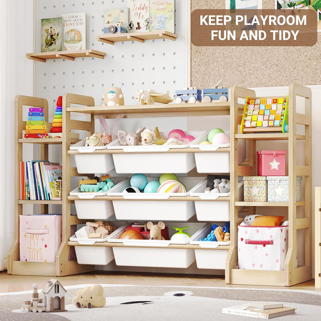 Kids Toy Storage Organizer with Bookshelf, 6 Shelves 9 Bins | Wooden Toy Shelf, Storage Boxes, Extended Base Sturdy