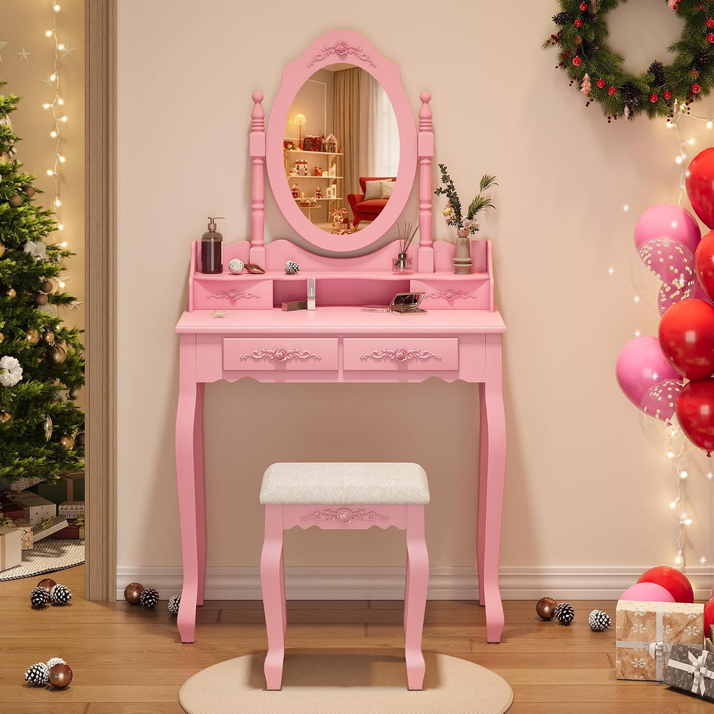 Vanity Desk Set with Mirror & Stool for Girls, Pink | Makeup Vanity Table and Cushioned Stool Set with 4 Drawers