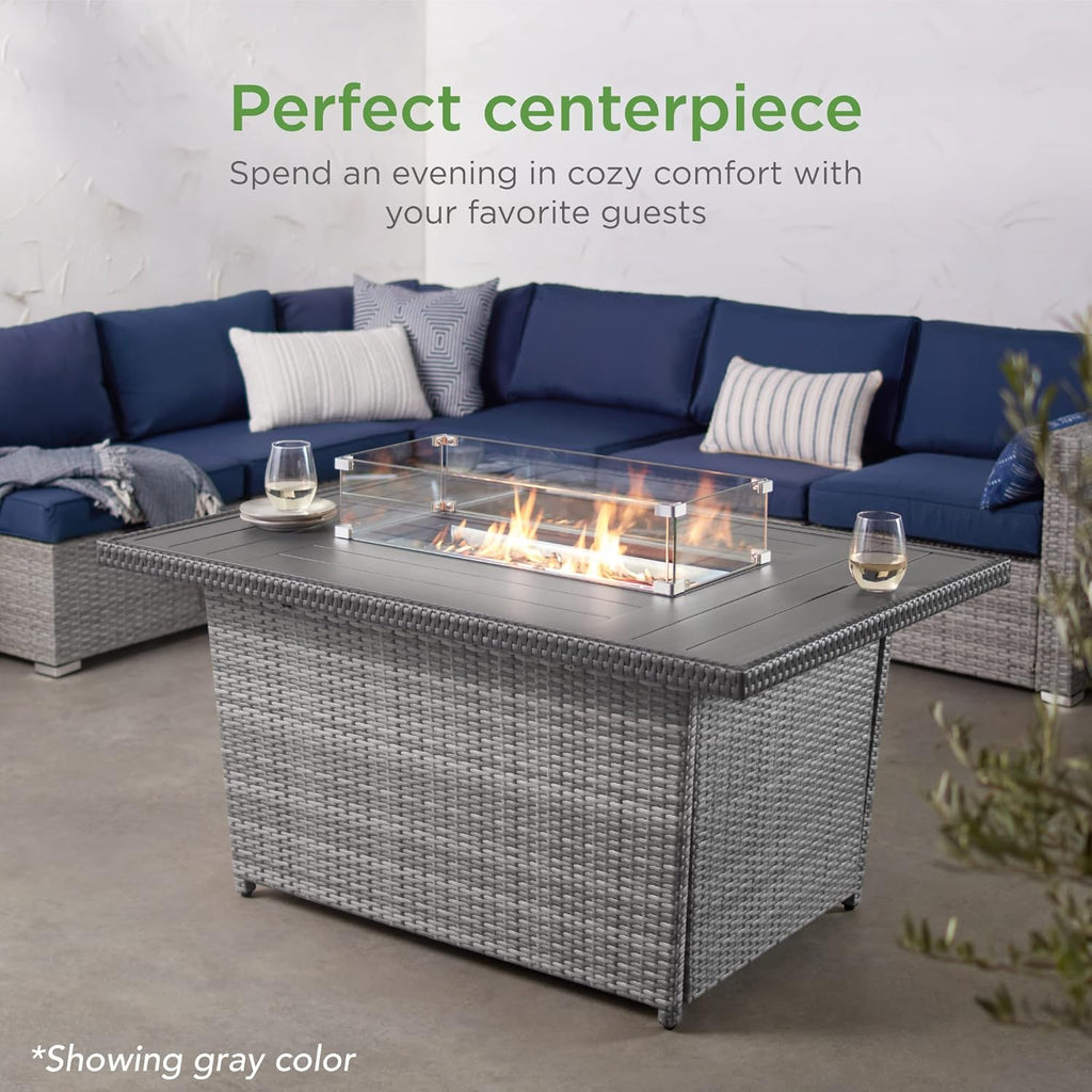 52in 50,000 BTU Outdoor Wicker Patio Propane Gas Fire Pit Table w/Aluminum Tabletop, Glass Wind Guard