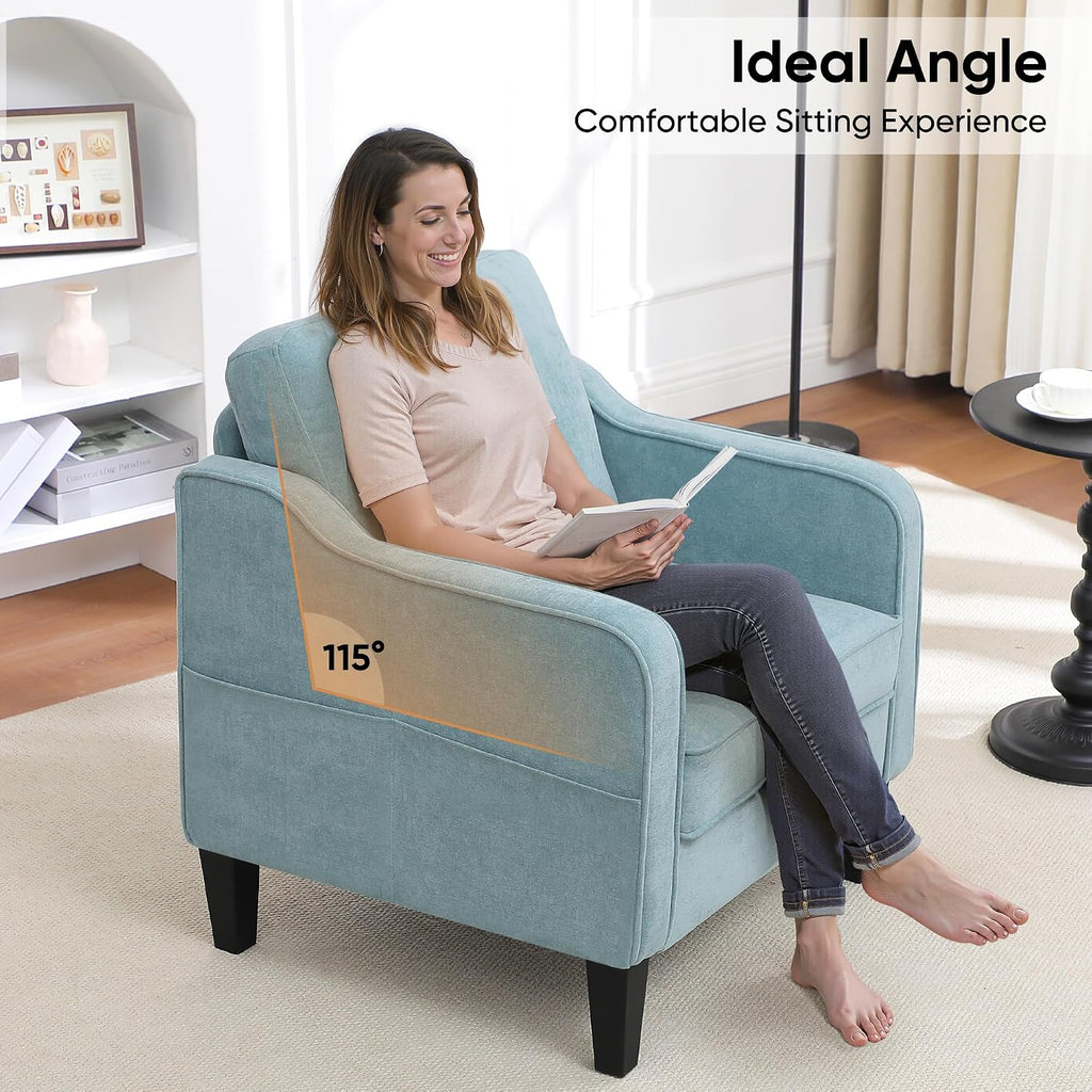Accent Chair , Mid Century Modern Reading Chair , Upholstered Armchair with Side Pockets, Comfy Single Sofa Side