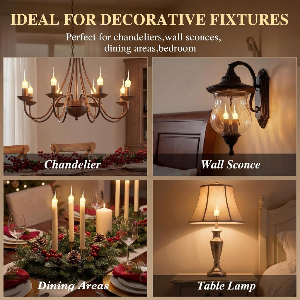 6 Pack Mini Silicone Dipped Candle Light Bulbs, 3 Watt E12 Candelabra Base, 2700K Warm Yellow Flame Tip Decorative
