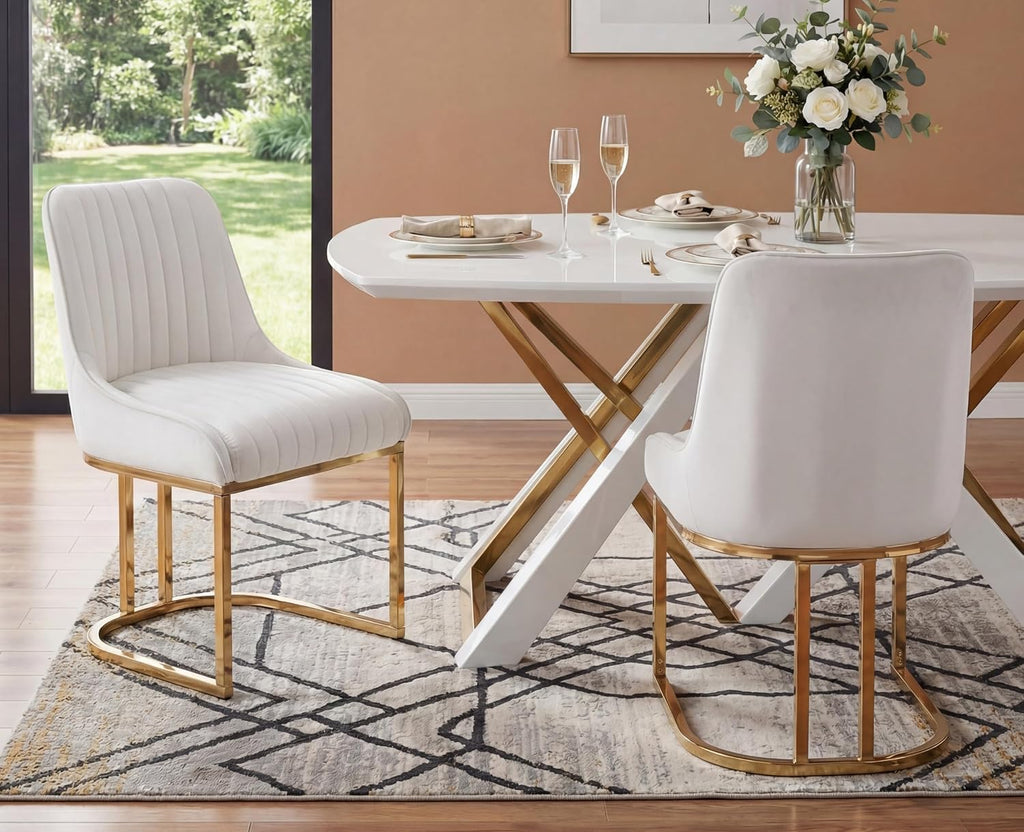 Velvet Upholstered Dining Chairs Set of 6 Modern Accent Dining Room Chairs with Gold Metal Base Comfy Padded Kitchen