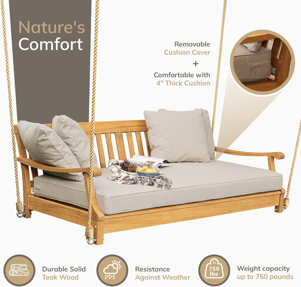 Robin Teak Wood 6 FT Porch Swing Bed, Upgraded Patio Porch Swing Daybed with Thick Cushion Support, 750 LB Weight