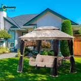 3-Seat Patio Swing Chair, Outdoor Gazebo Swing with Double Tier Canopy, Mesh Sidewalls, Cushioned Seat and Pillows