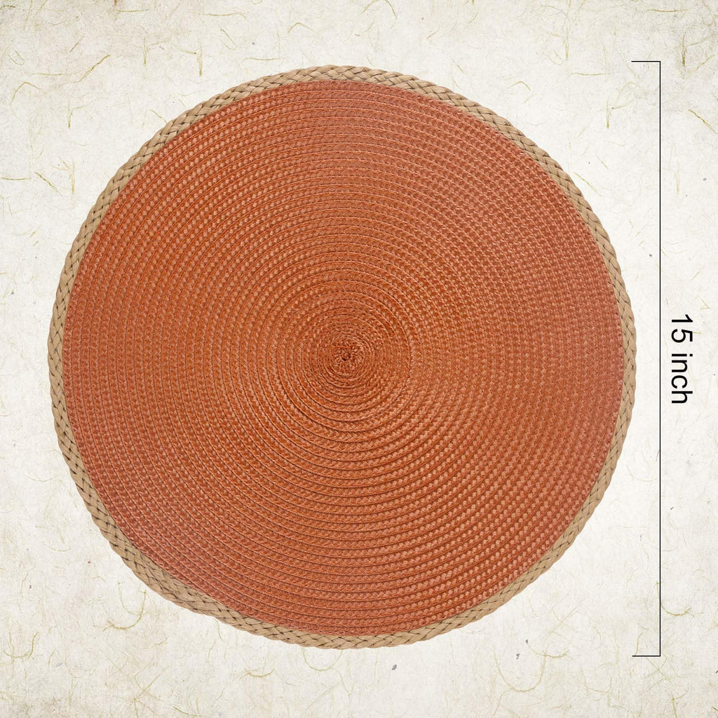 Round Placemats Set of 6, Woven Table Mats, Thin Edge, Dark Orange