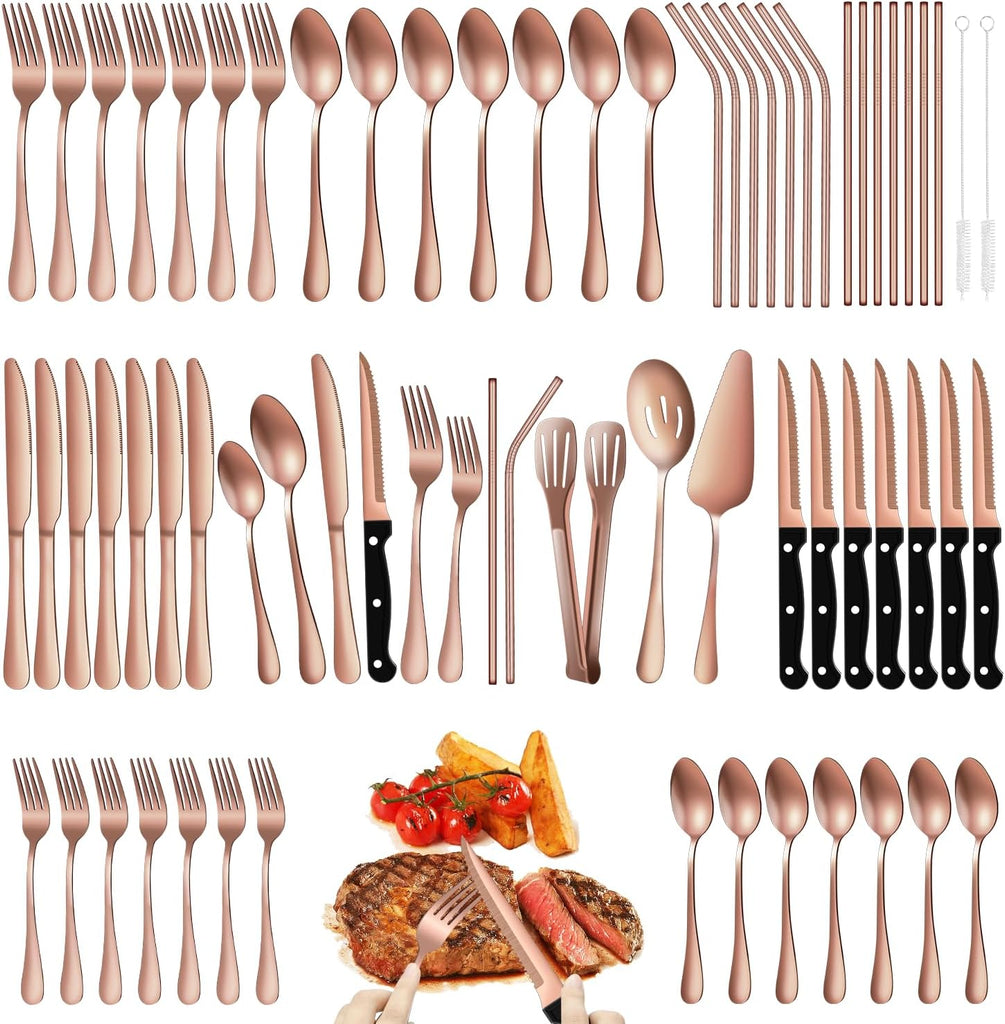 69 Pieces Rose Gold Silverware Set with Steak Knife Service for 8