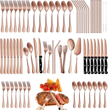 69 Pieces Rose Gold Silverware Set with Steak Knife Service for 8