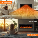 48" Electric Fireplace, Recessed, Wall Mounted and Freestanding Fireplace Heater, Adjustable Flame Color