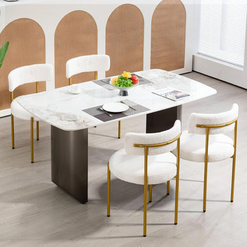 White Boucle Dining Chairs Set of 4, Modern Kitchen Chairs with Gold Metal Legs and Curved Backrest, Round Dining