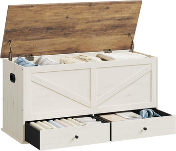 Storage Chest, Storage Bench with 2 Fabric Drawers, Farmhouse Style, 15.7 x 39.4 x 19.9 Inches, Rustic White and