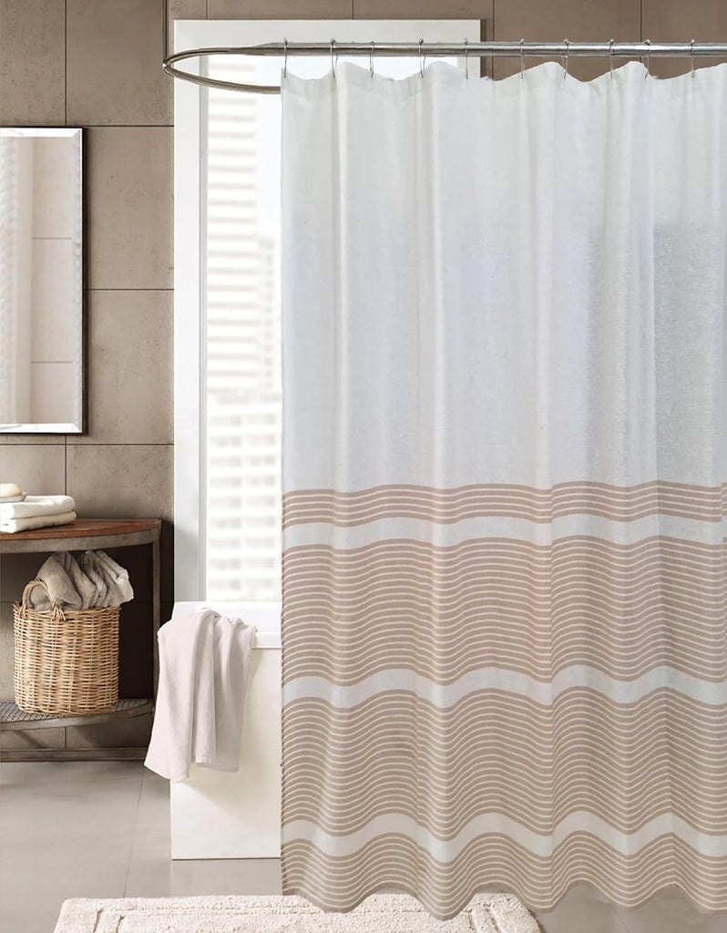 Nautical Striped Beige & White Cotton Bathroom Shower Curtain, 70x72 | Luxury Hotel Style Fabric with Detailed