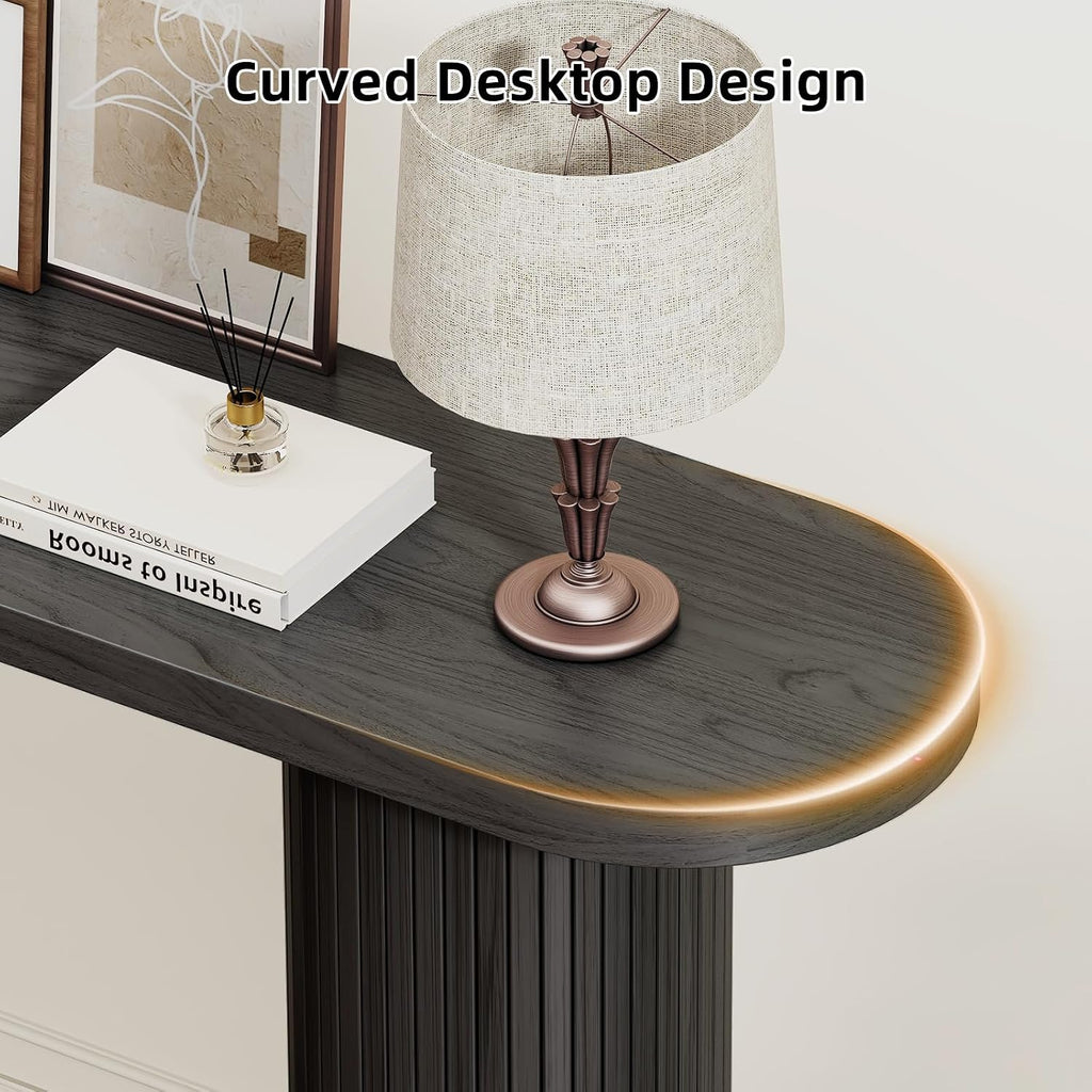 55 Inch Entryway Console Table, Sofa Table Narrow Long Behind Couch, Black | Fluted Design, Oval Wood Table