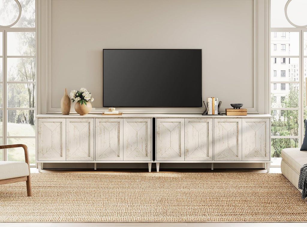 130-inch Handcrafted Patchwork Decorative Buffet Cabinet with Pop-Up Design Doors, 2-in-1 Large Modern Farmhouse