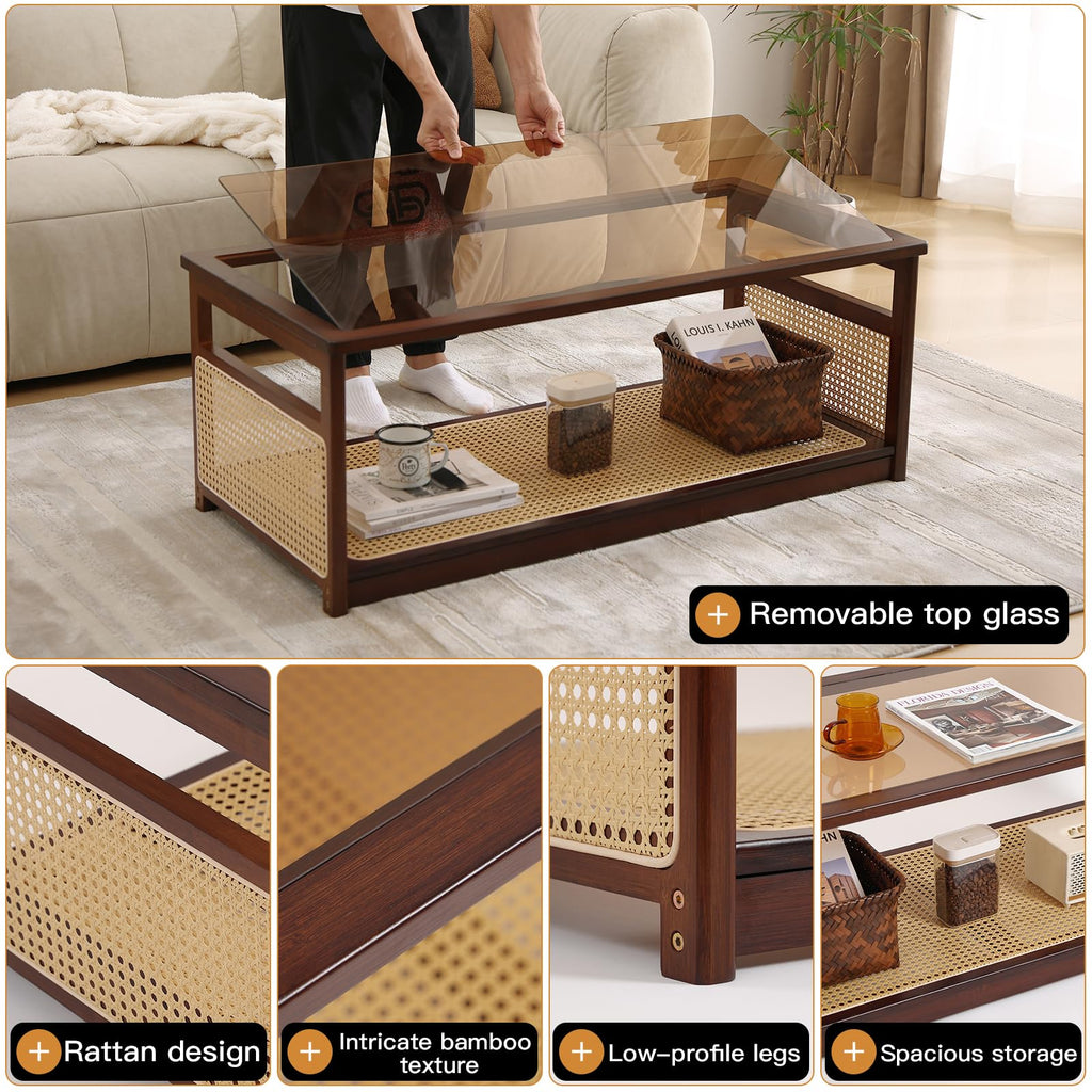 Rattan Coffee Table, 2-Tier Rectangle Center Table, 47.5", Walnut