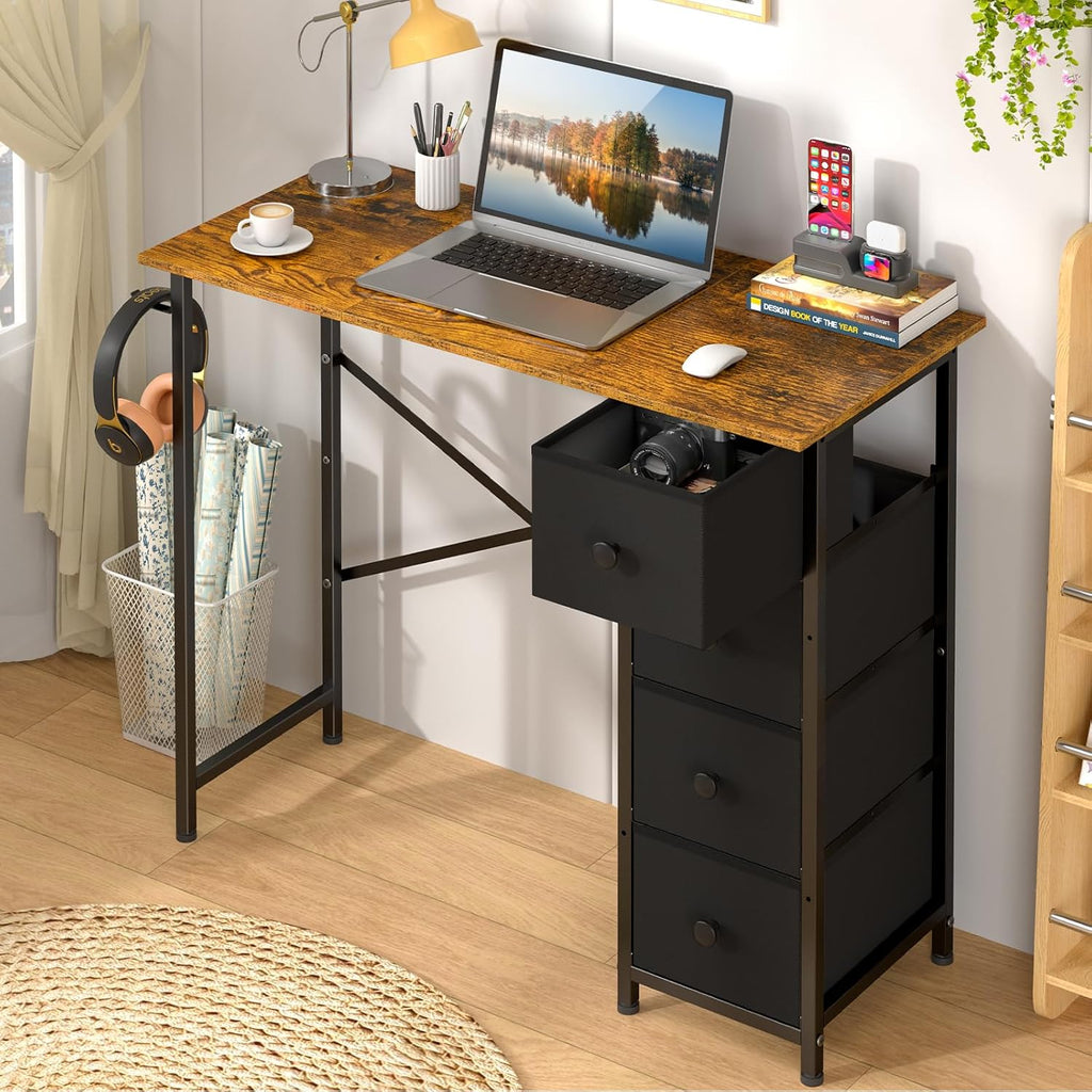 Small Computer Desk with 4 Fabric Drawers, 36 Inch Reversible Writing Desk Bedroom