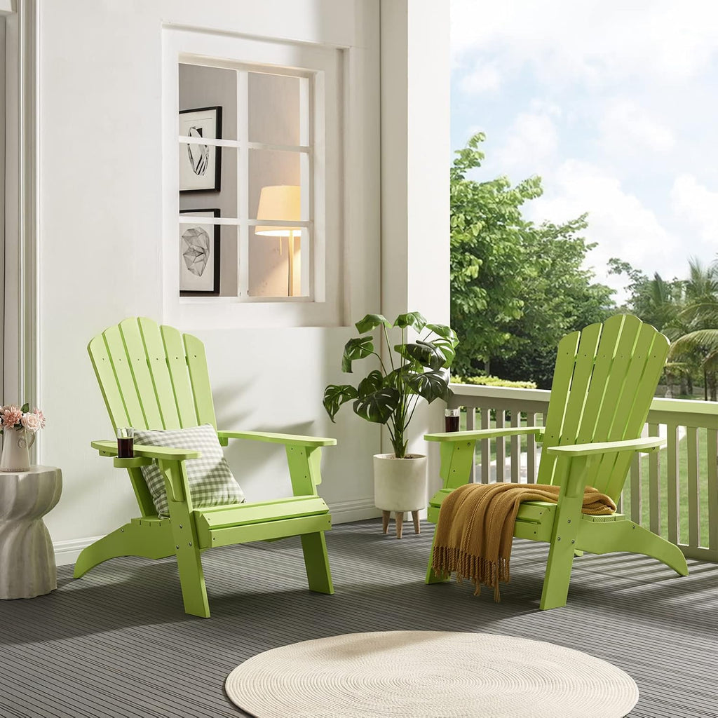 Adirondack Chairs with Cup Holder (1, Green) | Poly Lumber Patio Chairs, Blue 350Lbs Support, All Weather Patio