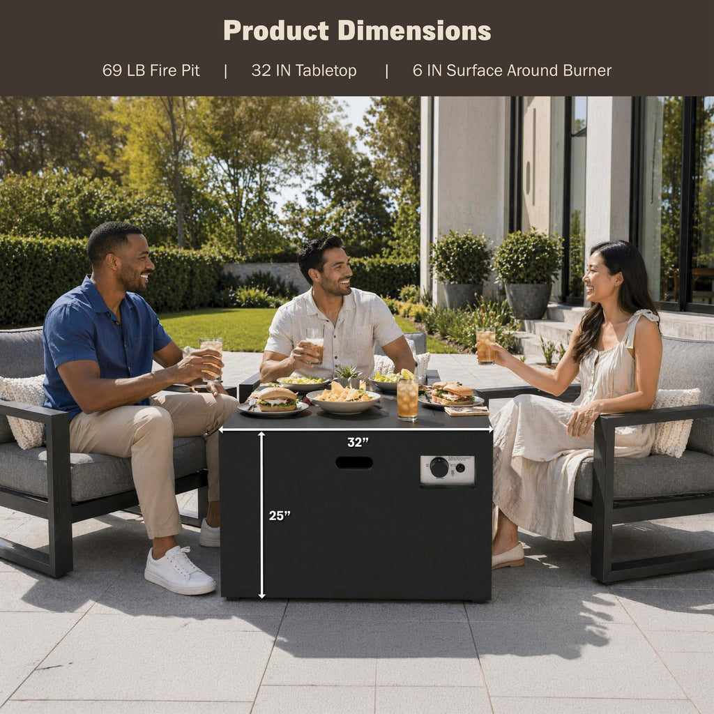 32 Inch Square Propane Fire Pit Table, Black