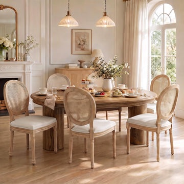 French Country Dining Chairs, Beige Rattan, Set of 6