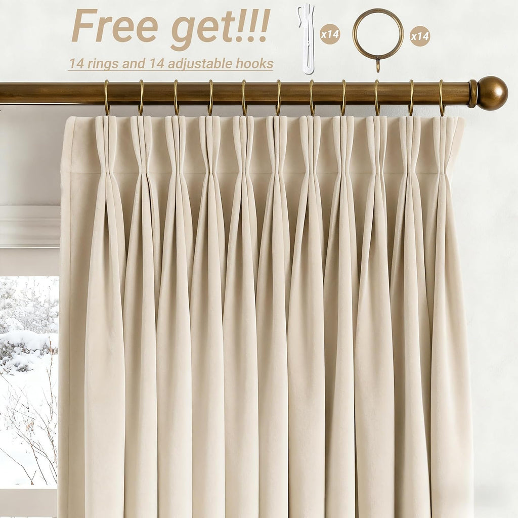 Triple Pinch Pleated Cream Velvet Curtains 90 inches Long Living Room Darkening Curtain Neutral Modern Farmhouse - Set of 2