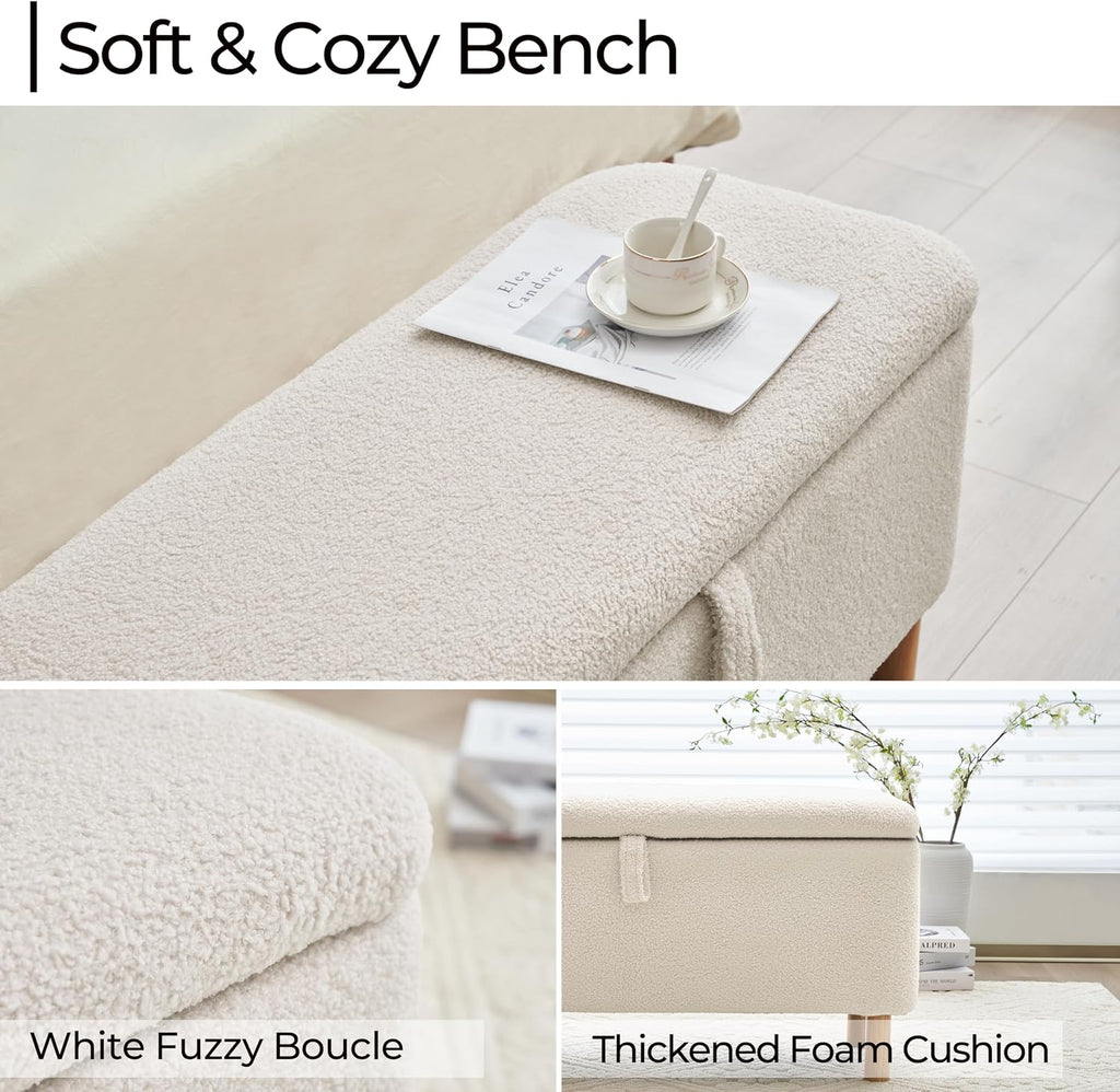 Boucle Storage Ottoman Bench end of Bed, Sherpa Upholstered Shoe Seat Storage Bench Bed Foot, Rectangle Cushion