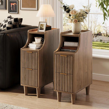 Fluted Nightstands Set of 2,Narrow Bedside Table with 2 Drawers & Storage, Farmhouse Walnut End Table Modern Side
