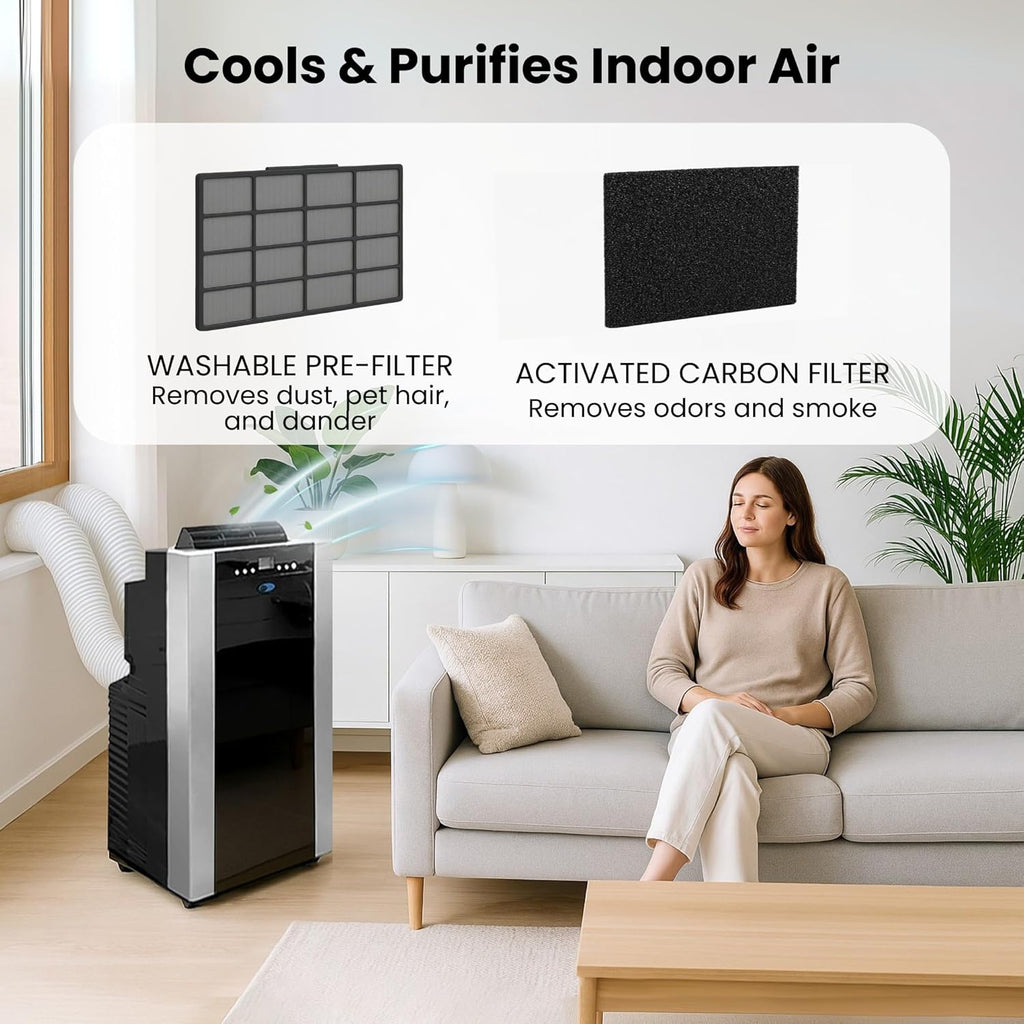 Portable Air Conditioner 14,000 BTU with Dual Hose Dehumidifier & Cooling Fan for 500 Sq Ft Rooms