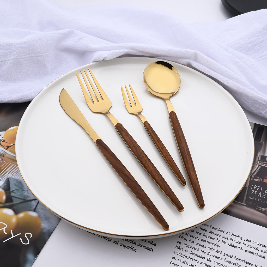 16-Piece Silverware Set with Cake Fork, Gold Stainless Steel Flatware Cutlery Set, Eating Utensils Set with Wooden