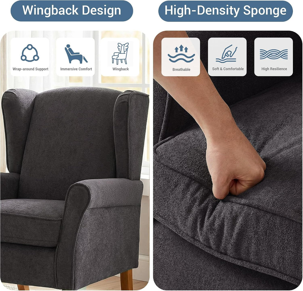 High Back Wingback Accent Chair, Modern Upholstered Armchair Comfy Reading Chair with Solid Wood Legs Bedroom