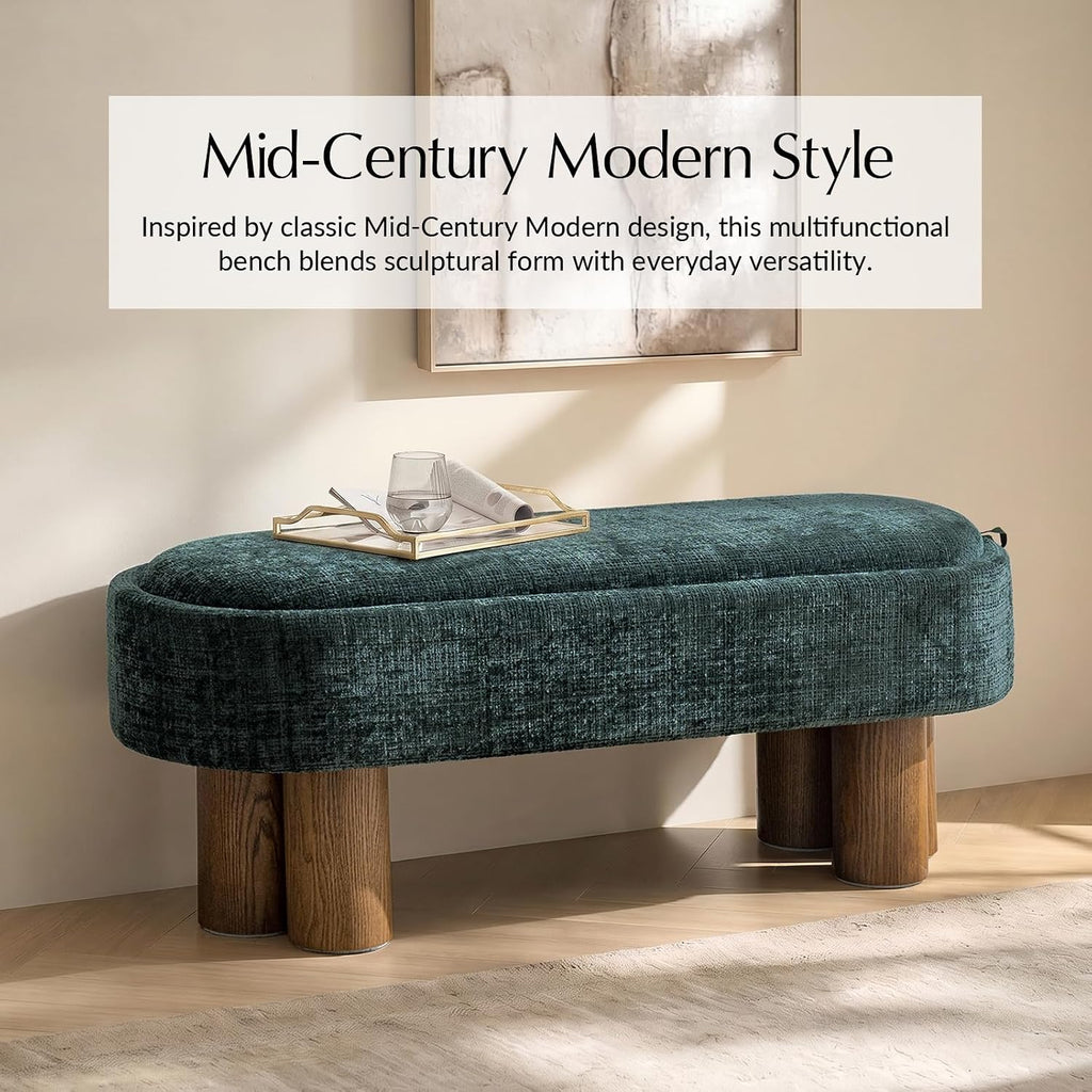 Storage Bench with Upholstered Seat and Wood Tabletop, Forest | Entryway Bench with Reversible Lid and Hidden