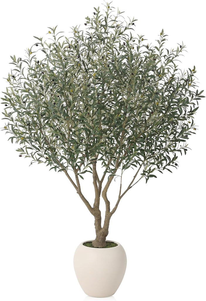 Artificial Olive Tree 8FT Faux Plant Home Decor - Large White Pot with Lifelike Silk Leaves, UV Resistant & No