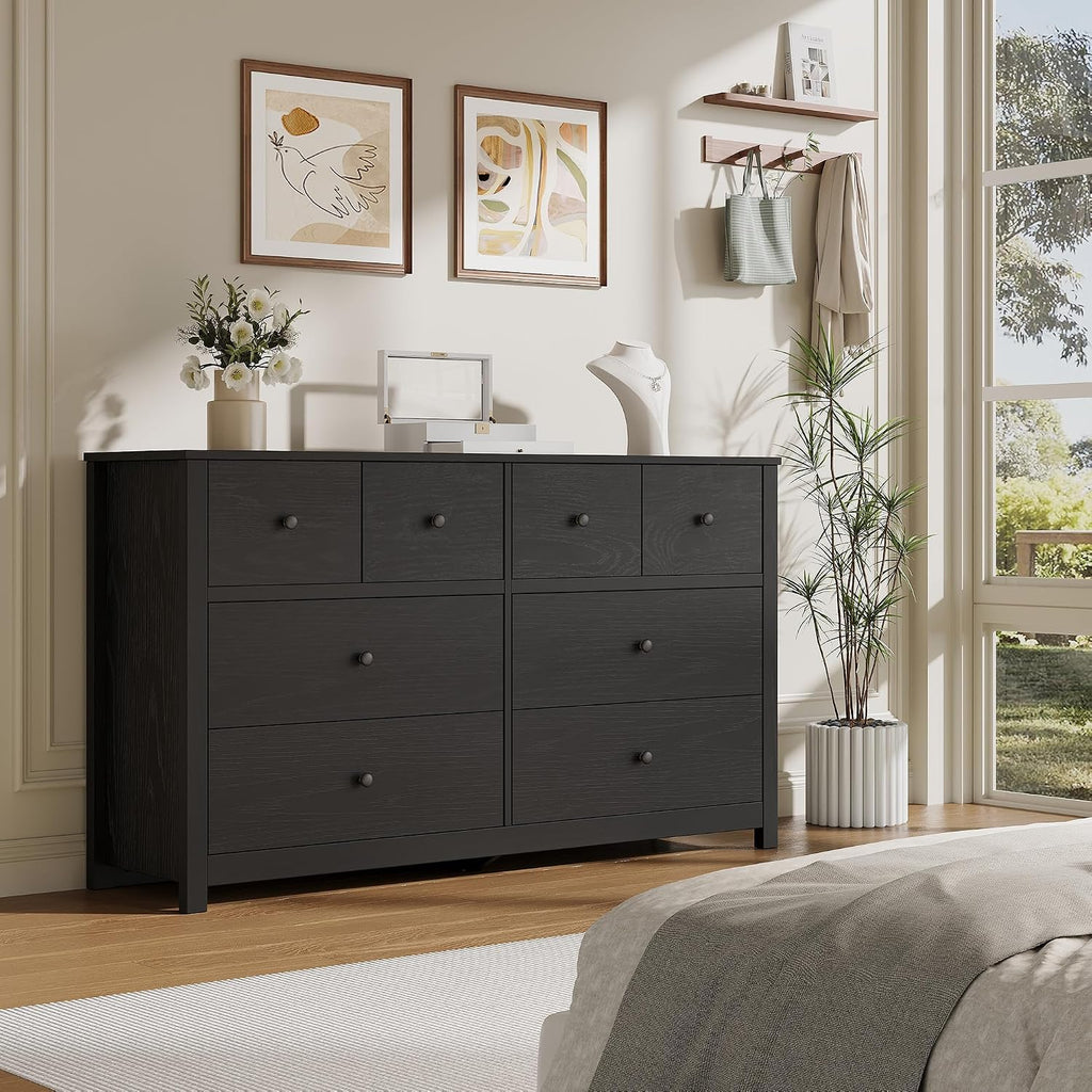 Black 8 Drawer Dresser, Large Modern Dresser for Closet, Bedroom | Storage Chest with Large Drawers & Wide Top