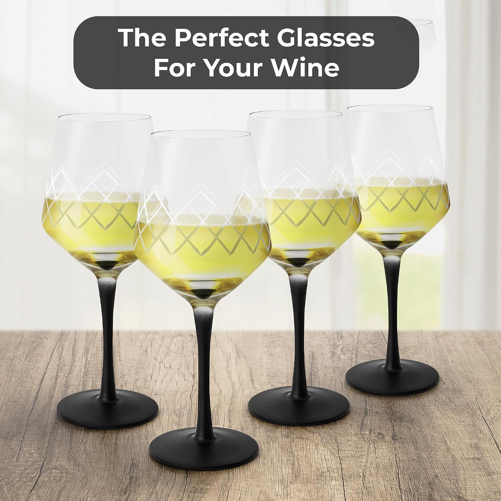 Premium Crystal Wine Glasses, Set of 4 with Black Long Stem, Unique Crystaluna Collection