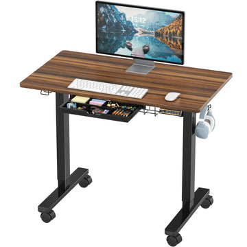 40-Inch Mobile Height Adjustable Standing Desk w/Drawer, Walnut