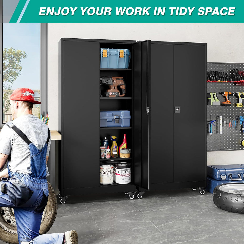 Metal Storage Cabinet with Wheels,75 inch Tall Rolling Garage Storage Cabinet with Lock,Black Metal Cabinets with
