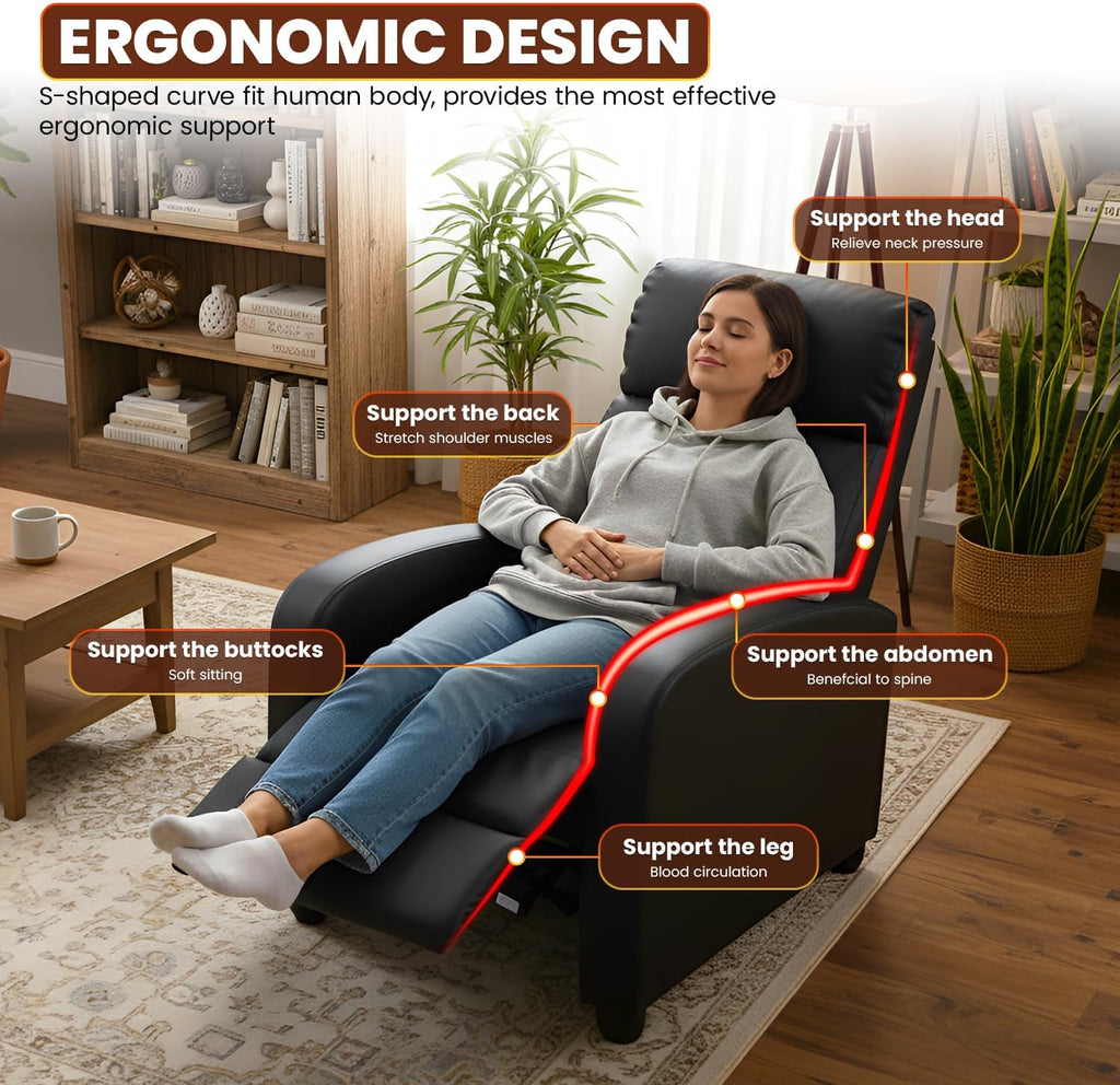 Recliner Chair for Living Room Home Theater Seating Single Reclining Sofa Lounge with Padded Seat Backrest (Black)