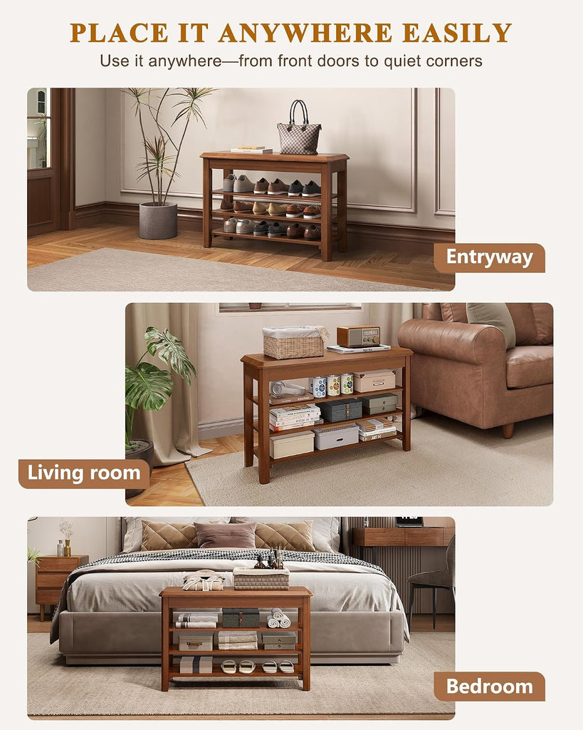 Shoe Rack Bench Seat Rubberwood 3-Tier Wooden Storage Bench 550lbs Compact Mid-Century Modern Design , Closet, Front