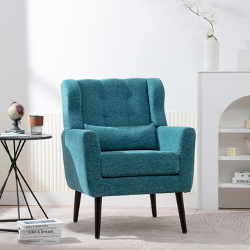 Modern Accent Chair Chenille Armchair with Pillow, Upholstered Arm Chairs with Solid Wood Legs, Soft Padded Lounge