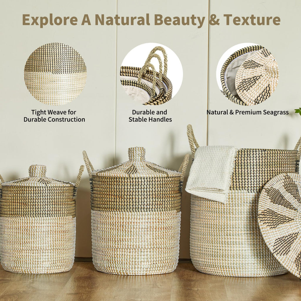 Set of 3 Laundry Hamper with Lid, Handmade Seagrass Woven Storage Basket for Toys, Pillows, Blankets, Clothes