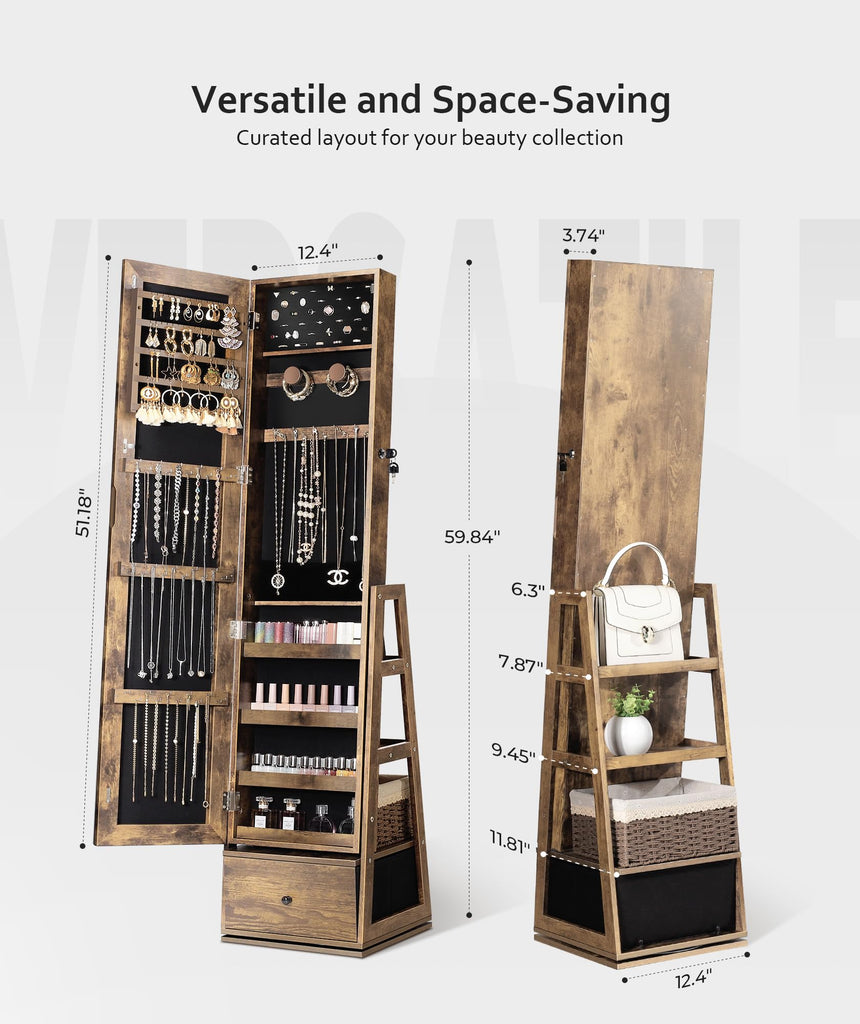 360° Swivel Jewelry Cabinet, Full Length Mirror, Lockable