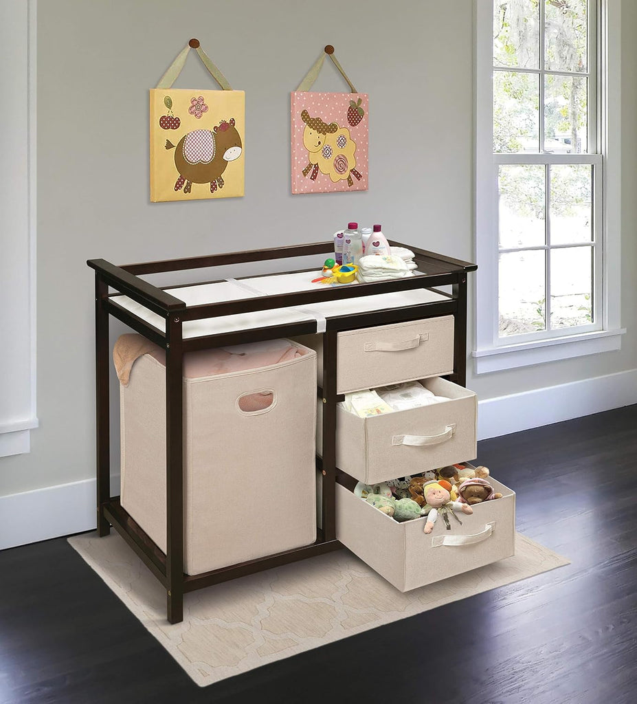 Modern Baby Changing Table - Diaper Changing Station with Laundry Hamper, 3 Storage Drawers, Changing Pad, and Safety